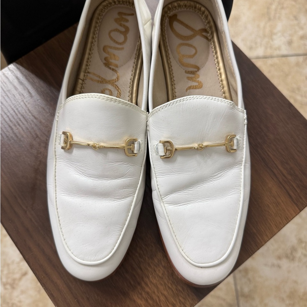 Sam Edelman White Leather Flats with Gold Horsebit